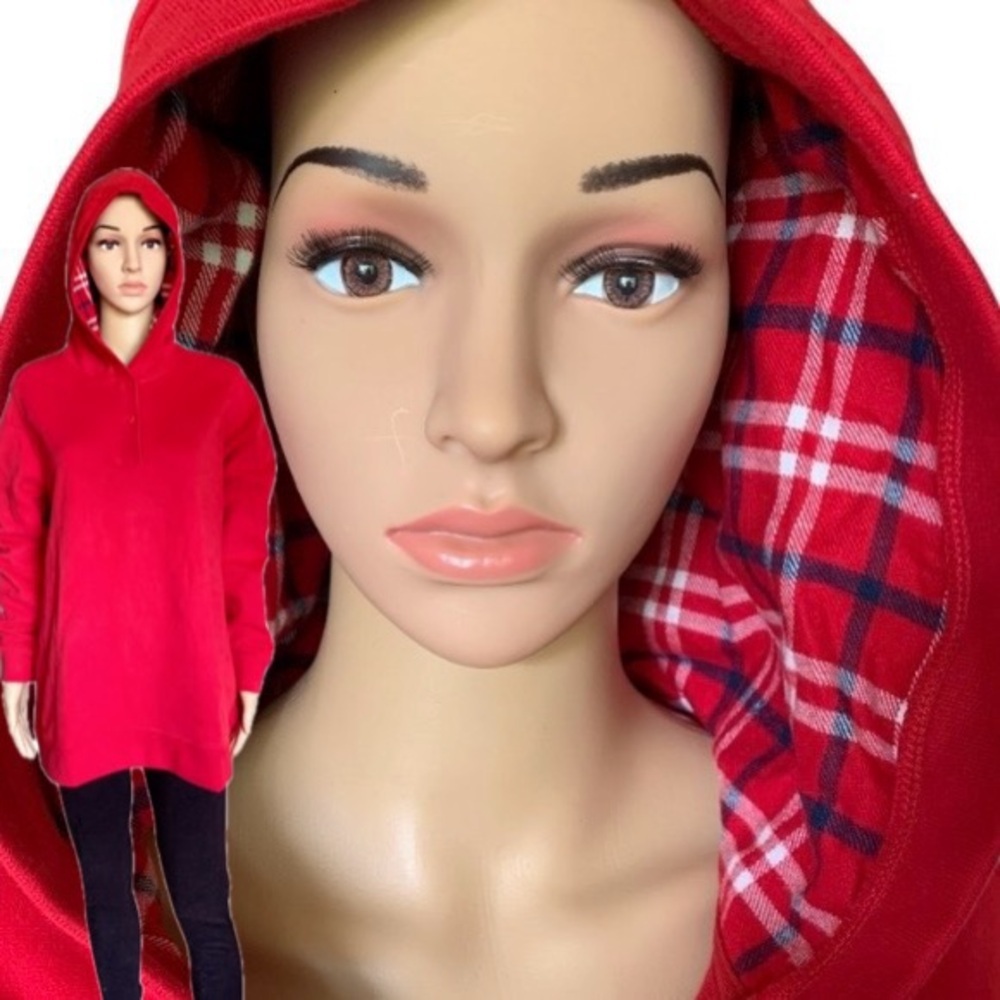 LandsEnd HOODIE TUNIC Wm FRENCH TERRY w/ FLANNEL Lined Hood Generous Relaxed Fit